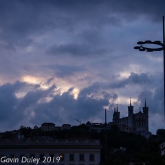 La Basilique Notre Dame de Fourvière from Place Bellecour, evening