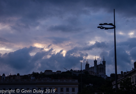 La Basilique Notre Dame de Fourvière from Place Bellecour, evening