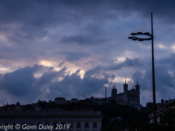 La Basilique Notre Dame de Fourvière from Place Bellecour, evening