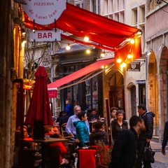 Restaurant scene, evening, Vieux Lyon